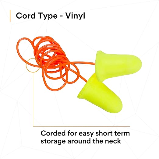 3M Ear Plugs, 200 Pairs/Box, E-A-Rsoft FX 312-1260, Corded, Disposable Foam Earplugs, Noise Reduction Rating NRR 33, Drilling, Grinding, Machining, Sawing, Sanding, Welding, 1 Pair per Poly Bag
