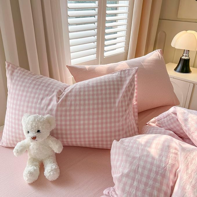 mixinni Light Pink Gingham Duvet Cover Set Queen Size - 100% Washed Cotton 3 Piece Plaid Checkered Bedding Set, Soft Comfy Grid Farmhouse Comforter Cover with Zipper Closure & Corner Ties