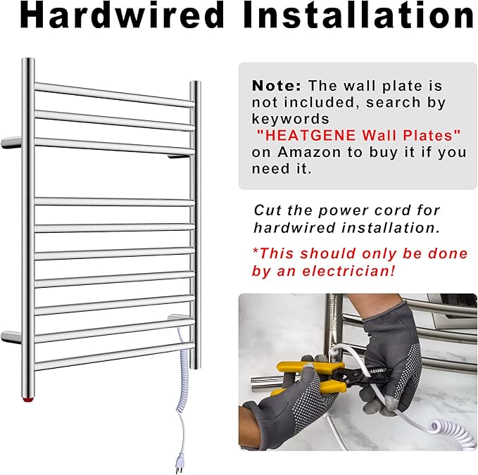 HEATGENE Towel Warmer, Compact Electric Towel Warmer for Small Bathroom, Wall-Mounted Electric Towel Racks, Plug-in/Hardwired Electric Towel Rails - Brushed