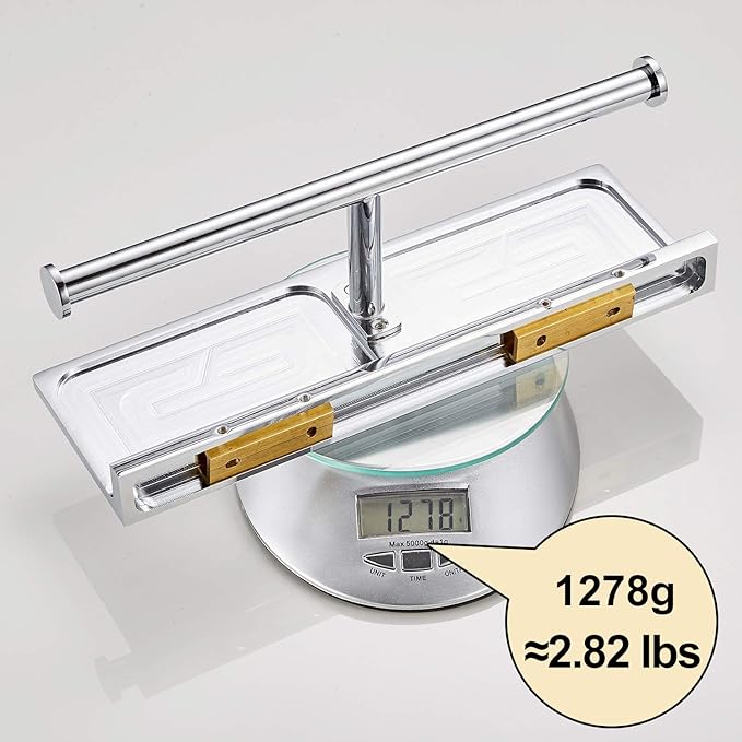 Double Toilet Roll Paper Holder Bathroom Solid Brass and Superior Hotel Style Wall Mount Tissue Roll Holder with Storage Shelf Bright Chrome Finished