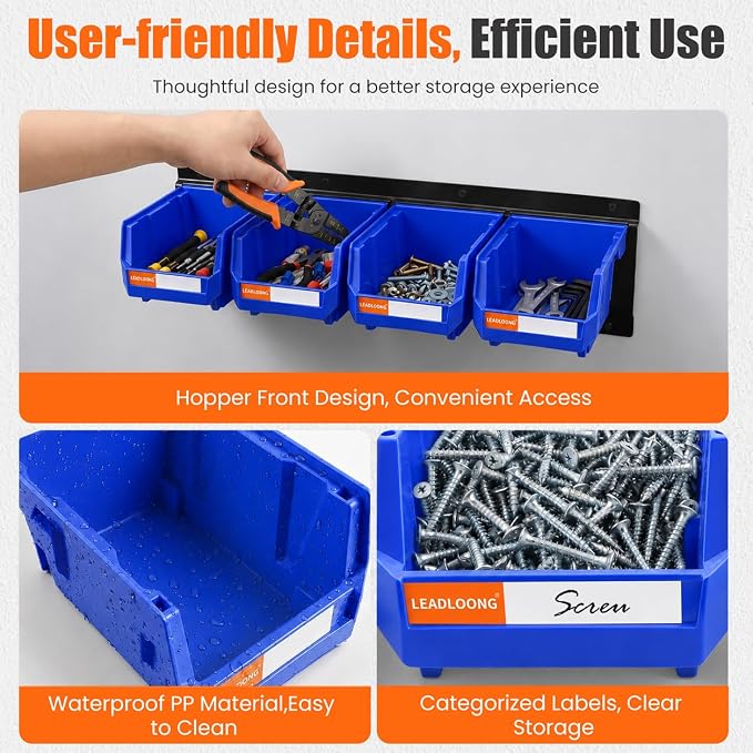 16pc Wall-Mounted Storage Organizer Set with Metal Rails Blue | Heavy duty tool organization box with metal rails. Ext 5"x4"x3" for garage screws nuts bolts.