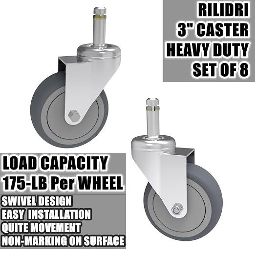 RILIDRI 3-Inch Swivel Stem Caster, 7/16-Inch Stem Diameter Rubber Wheel, Heavy Duty TPR Replacement Wheels for Rubbermaid Mop Bucket Cart Grill Casters - 8 Pack