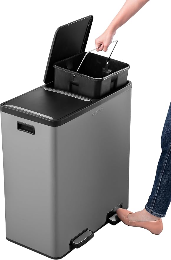 Step N' Sort The 18.5 Gallon Extra Large Capacity, Soft-Step, Dual Trash and Recycling Bin with Removable Inner Bins, Grey