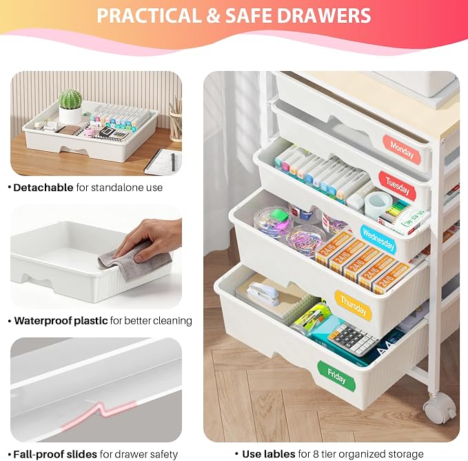 Goovilla Rolling Cart with 5 Drawers for Craft, Art, Dorm, Office, White | Utility Cart Organizer With 5 Removable Drawers and Wooden Tabletop, Lockable Rolling Storage Organizer for Classroom, Home