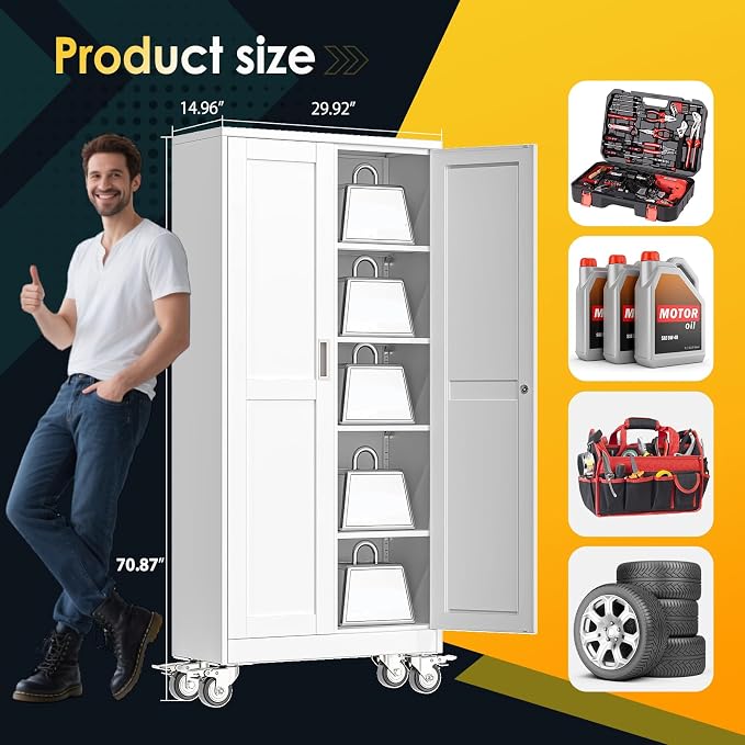 PAOFIN 71''H Tall Metal Garage Storage Cabinet with Wheels,Steel File Cabinets with 2 Doors and 4 Adjustable Shelves for Home Office, Warehouse, Required Assembly,White