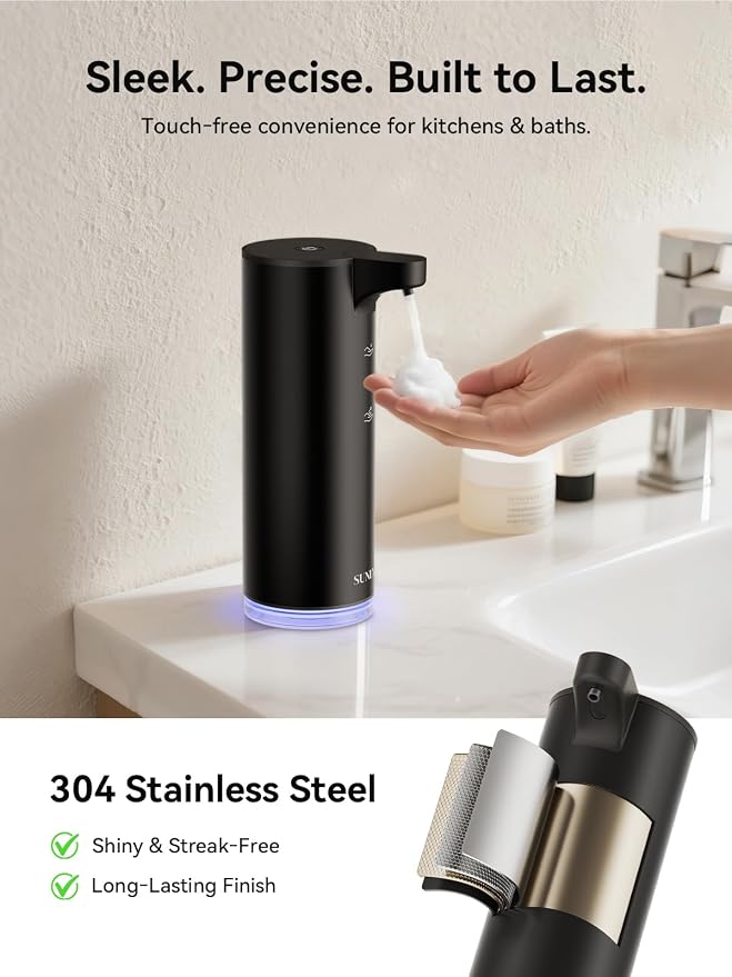SUNLY Automatic Foam Soap Dispenser, 0.2s Fast Sensor, USB-C Rechargeable, Smudge-Resistant Stainless Steel, Touchless Liquid & Foaming Soap Dispenser for Bathroom, Kitchen, Hotel, Black