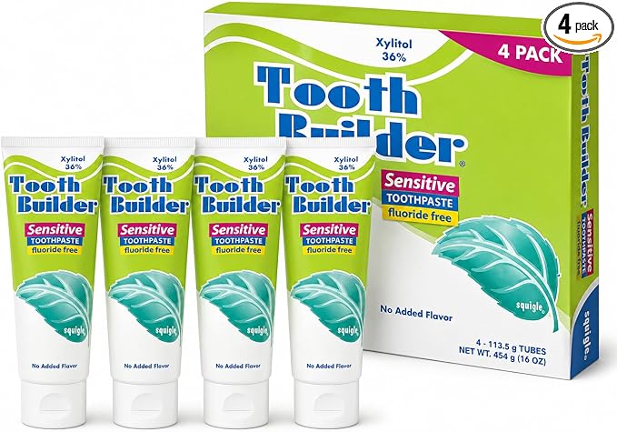 Squigle Tooth Builder Fluoride-Free Xylitol Sensitive Toothpaste 4-Pk | SLS-free for sensitive teeth and mouths that react to conventional toothpaste: a gentle, unflavored, low-foam formula