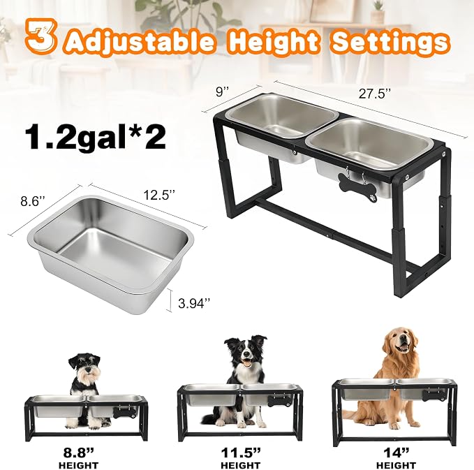 Metal Elevated Dog Bowls Medium/Large Breed with 2 Thick 1.2GAL Stainless Steel Raised Dog Bowl, Adjustable Height 3 Levels (8.8"-11.5"-14") Neck & Joint Protection