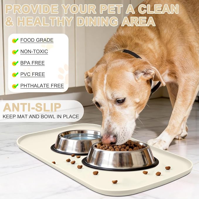 SMILOOL Waterproof Silicone Pet Food Mat with Raised Edge for Dog & Cat | 22" x 14" Non-Slip Pet Feeding Mats with Lip for Food & Water Bowl, Food Grade, Easy Cleaning, White Sand