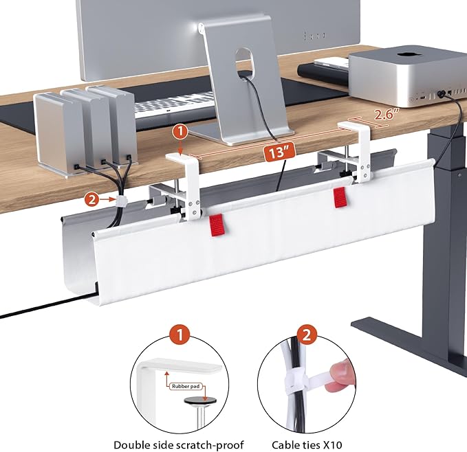 Univivi No Drill Under Desk Cable Management Tray, 28" Cord Organizer for Table, Clamp/Screw Mount Desk Cable Management, Premium Fabric Cable Management Tray for Office, Home
