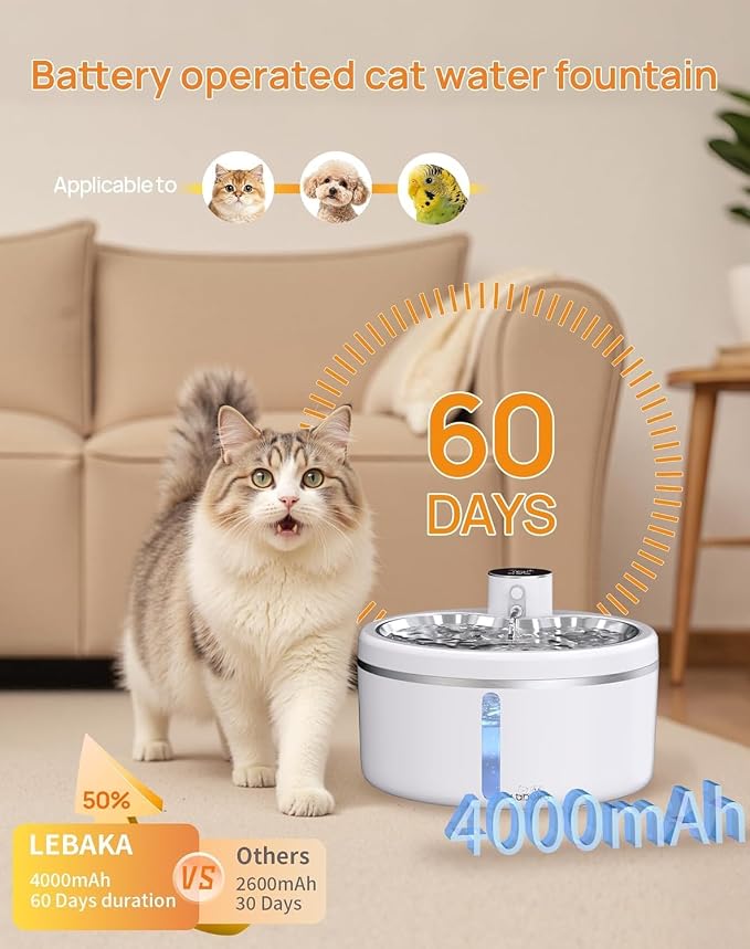 Wireless Cat Water Fountain [with Stainless Steel Tray], 84oz/2.5L Pet Fountain for Cats Inside, Cat Fountain for Drinking with Motion Sensor