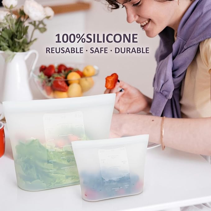 12-Pack Reusable Silicone Food Storage Bags, 100% Silicone Stand-Up Wide-Open Zip-Lock Reusable Storage Bags for Food, Freezer Microwave Oven Dishwasher Safe, Translucent, 4M 4S 4XS