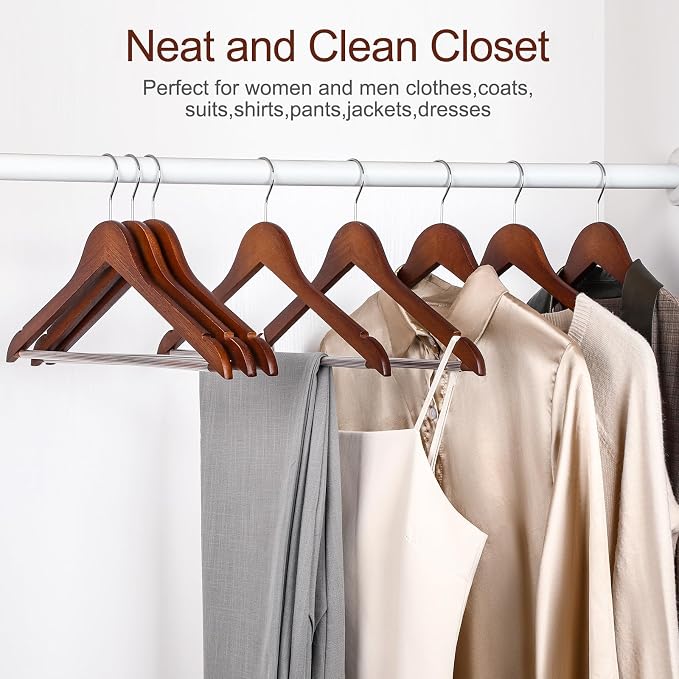 TOPIA HANGER Walnut Wooden Hangers 30 Pack, Wood Clothes Hangers, Durable Coat Hanger with 360-Degree Rotatable Hook, Non-Slip Pants Bar and Shoulder Notches for Camisole Tops - CT34WA30