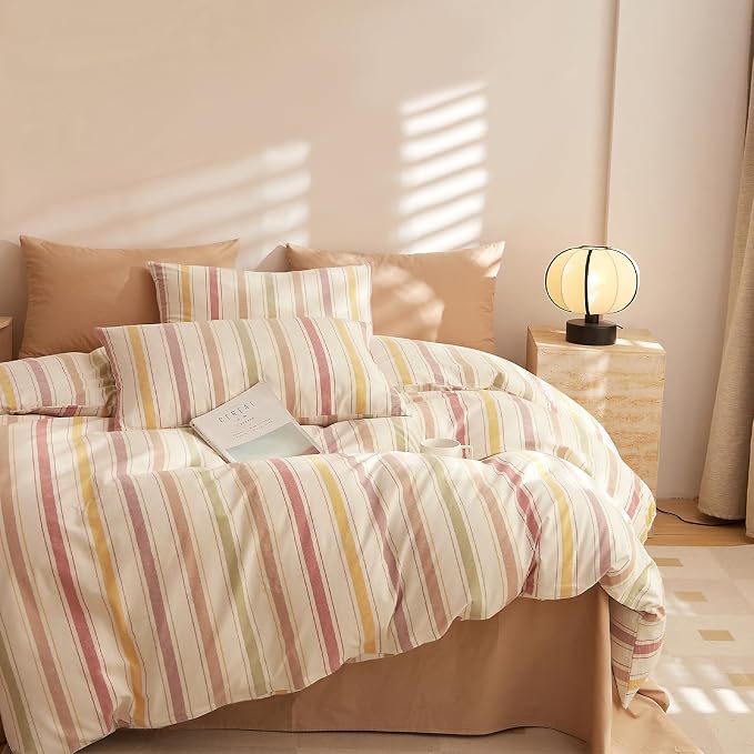 mixinni Vintage Striped Duvet Cover Set Full, 3-Piece Washed Cotton Bedding Set - Soft, Breathable & Colorful Marble Stripe Pattern, All-Season Comforter Cover with Zipper-Full Size