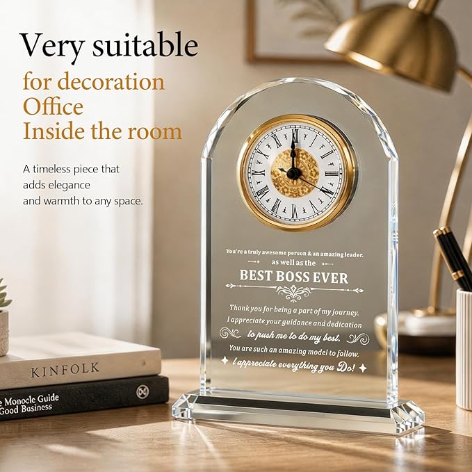 Elegant Glass Table Best Unique Boss Gifts for women,men,Appreciation Thank You Great Boss Day Birthday Ideas for Boss Office Farewell Retirement Birthday Gifts (Battery not Included) (Boss gifts)