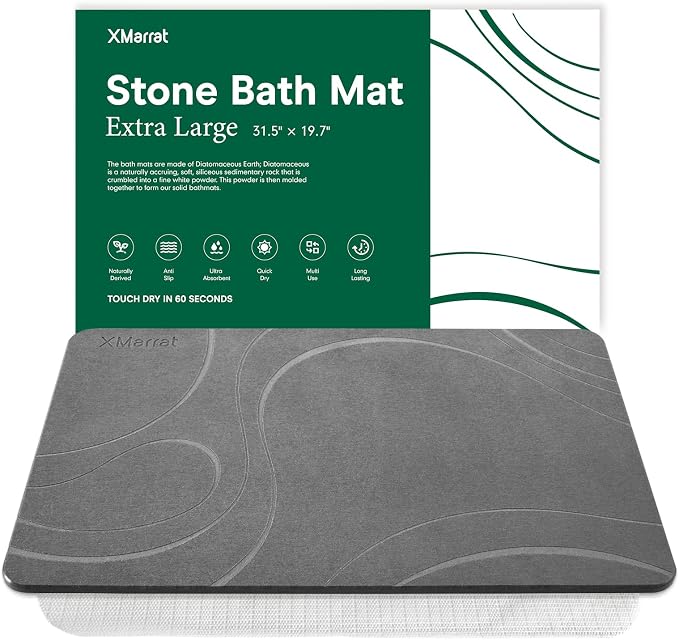 XMarrat Large Stone Bath Mat, Super Absorbent Diatomaceous Earth Bath Mat Large, Quick Drying Non-Slip Diatomite Stone Bath Mats for Bathroom, Easy to Clean (Dark Grey, Extra Large 31.5" x 19.7")