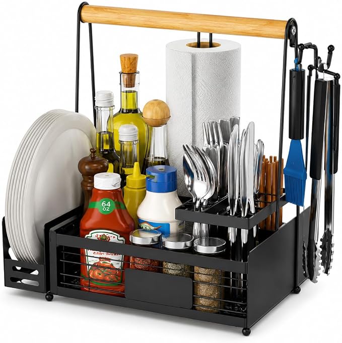 Portable BBQ Grill for Cuisinart CPG-700 Woodcreek XL 2021-2024, Multi Compartment Outdoor Grilling Organizer with Plate Rack, Paper Towel Holder & Tool Hooks for Camping,A