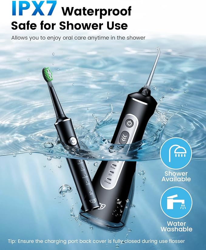 JTF Electric Toothbrush & Water Flosser Combo, 2-1 Portable Oral Clean Kit | Effective Yet Gentle Brushing & Flossing, Multiple Modes for Braces & Sensitive Teeth Care, Cordless for Home Travel, Black