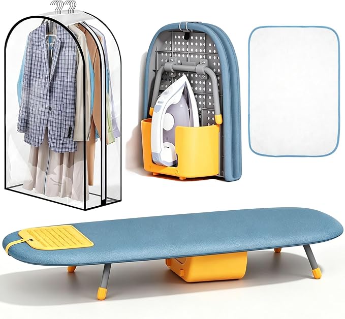 Small Ironing Board with Iron Holder, Tabletop Ironing Board with Iron Rest Pad, Compact Foldable Iron Board for Travel Home with Protective Press Cloth Sapce Saving (Blue)