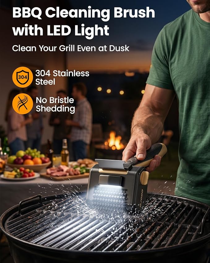 Electric Grill Brush for Outdoor Grill, Cordless BBQ Cleaner with LED Light, Scraper, Dishwasher‑Safe Bristles, 4000 mAh Battery, Rechargeable Power Grill Scrubber (Gold)