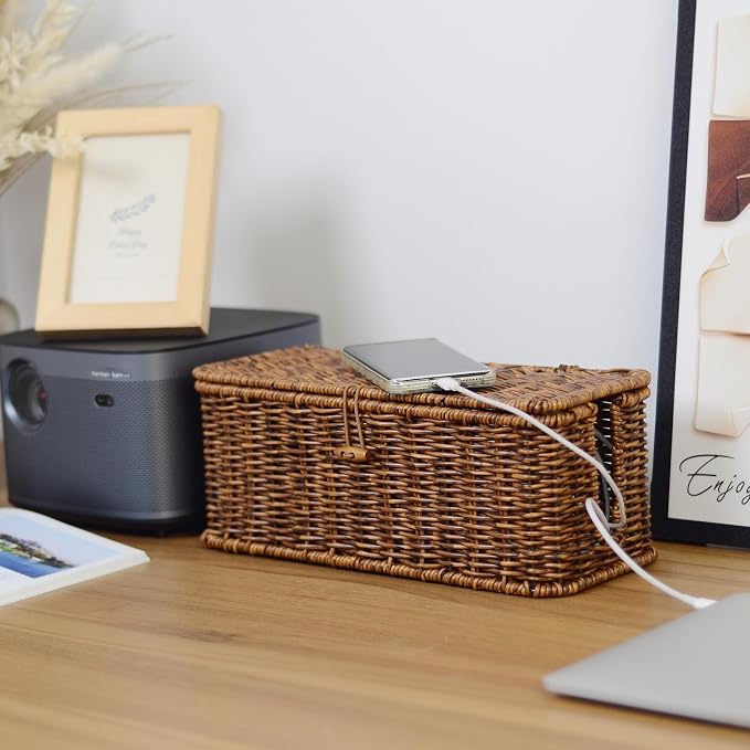 BROWNLILY Rattan Wire Storage Box, Handmade Cord Organizer for Desk Cord Hider Outlet Covers for Power Strip TV PC Router Charger Under Desk Cable Management Box