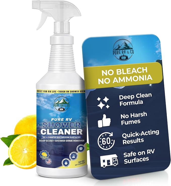 Shower Cleaner 32oz Spray - RV Bathroom Cleaner for Fiberglass & Plastic | Removes Hard Water Stains, Soap Scum & Mildew | Bleach-Free, Low Odor, Citrus Scent, Made in USA