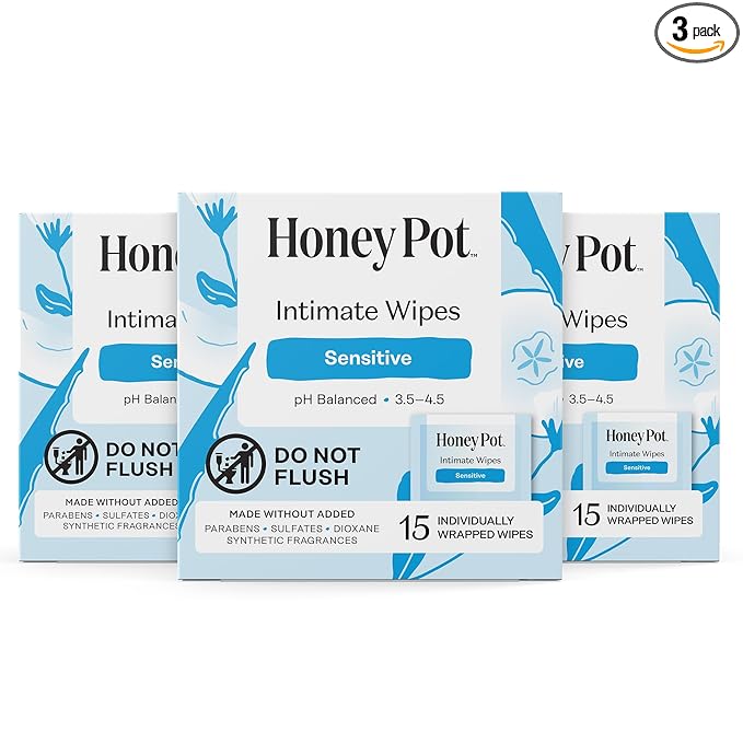 The Honey Pot Company - Feminine Wipes - Sensitive - Individually Wrapped - pH Balancing, Herbal Infused Plant-Based Feminine Care - Great for Travel & Period Kits - 15ct (Pack of 3)