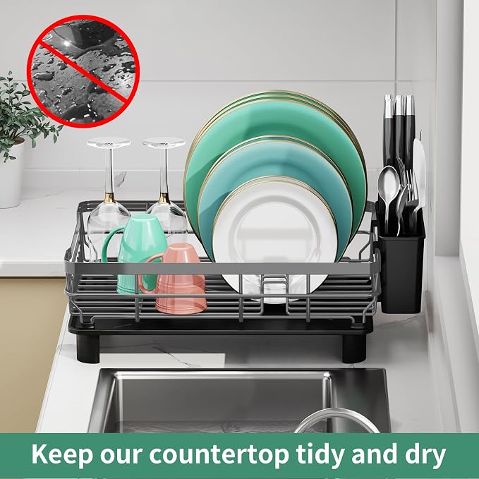 MOUKABAL Dish Drying Rack with Drainboard for Kitchen Counter, Grey | 13×17 Large Capacity/Rustproof Stainless Steel/Fast Drainage Dish Drainer/Removable Utensil Holder/Kitchen Counter Organizer