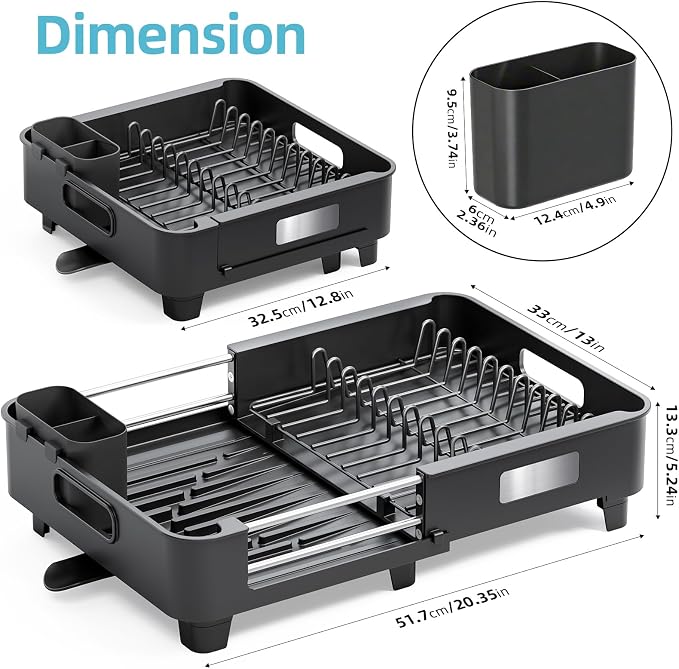 TOOLF Extendable Dish Drying Rack for Small Kitchen Counter, Black | 12.8-20.35 in, Unique Stainless Steel Design, Auto-Drainage, Perfect for Small Kitchens & Busy Kitchens