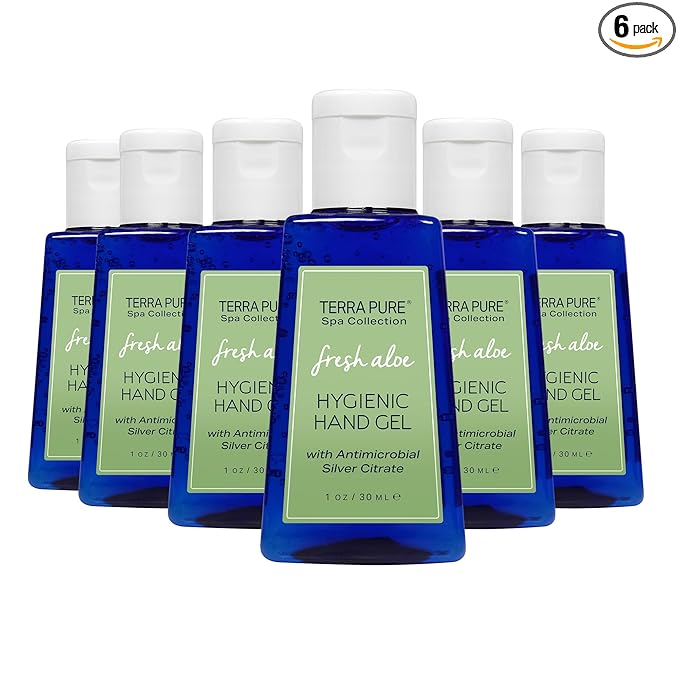 Terra Pure Hand Sanitizer Gel, 1 oz 6 Pack, Alcohol Free Silver Citrate Formula with Aloe Vera and Vitamin E, Non Drying Bulk Travel Size for Hotels, Gyms, Schools, Offices, Events