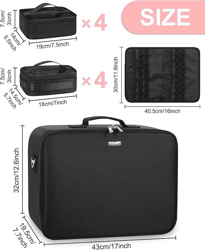 Relavel Extra Large Makeup Case Professional Cosmetic Storage Organizer Box Brush Holder with 8 Clear Set Bags & Lipstick Plate for Makeup Artists with Shoulder Strap & Adjustable Dividers