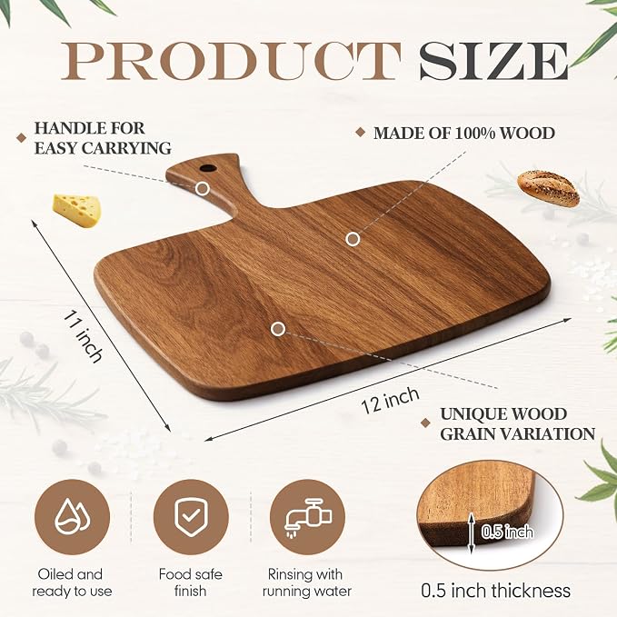 Nuenen Wood Cutting Board with Handle 12x11x0.47 Inch Acacia Bamboo Wooden Serving Kitchen Chopping Boards for Pizza, Bread, Cheese, Charcuterie, Fruit, Vegetables(1 Pcs, Acacia)