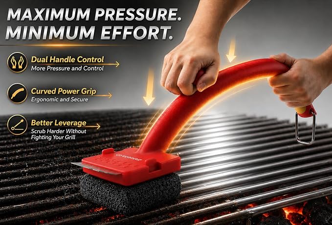 Grill Brush Bristle Free with 2 Replaceable Kevlar & Steel Fiber, Heat-Resistant Steam Grill Cleaner for Outdoor Grill, Ergonomic 18'' Long Dual Handle Safe on Cast Iron & Stainless-Steel Grates