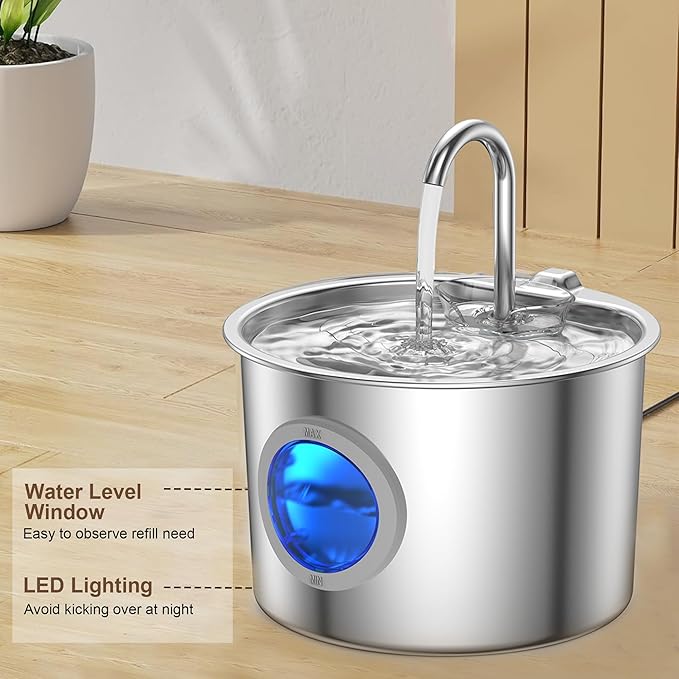 Cat Water Fountain Stainless Steel: Cat Fountain for Drinking with 6 Filters + 6 Sponges - 74oz/2.2L Pet Water Fountain for Cats Inside - Quiet Cats Water Bowl Dispenser - Kitten Drinking Fountains