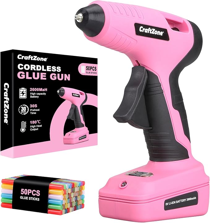 Cordless Hot Glue Gun | 8V Rechargeable Fast Preheating Glue Gun Kit with 50pcs Colorful Glue Sticks | Cordless & Rechargeable Glue Gun with Charger for DIY Art Craft Projects | Pink