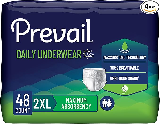 Prevail Daily Protective Underwear - Unisex Adult Incontinence Underwear - Disposable Adult Diaper for Men & Women - Maximum Absorbency - XX-Large - 12 Count (Pack of 4)