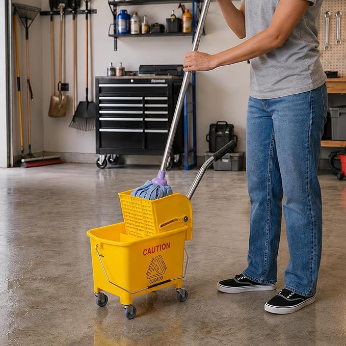 PLASTIC PRINCE Small Mop Bucket with Wringer on Wheels 5 Gallon, Heavy Duty Dual Chamber Mini Mop Bucket Separate Dirty Water, Perfect for Household, 20 Quart Yellow
