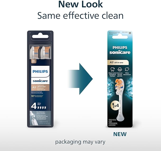 Philips Sonicare A3 All-in-One - Genuine Replacement Electric Toothbrush Heads, White, 4 Pack One Year Supply, HX9094/65