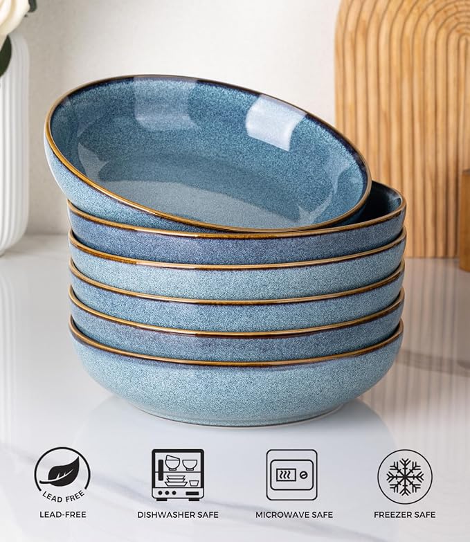 AmorArc 8.5'' Large Pasta Bowls, 36oz Ceramic Salad Serving Bowls Set of 6 for Kitchen, Wide Stoneware Bowls for Pasta,Salad,Fruit,Bread, Microwave Safe