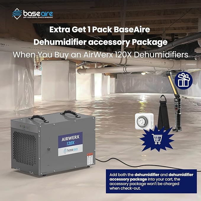 BASEAIRE 235 Pints Crawl Space Commercial Dehumidifier with Pump, AirWerx120X Dehumidifier Whole Homes, Basements, up to 3,300 sq. ft. cETL, Water Damage Storage