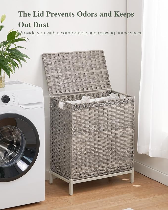 SETVSON Laundry Hamper with Lid, 112 L Handwoven PE Rattan Wicker, Gray | 2-Section Large Basket, 2 Removable Liner Bags, Heightened Metal Feet, 6 Mesh Laundry Bags, Foldable Side Handles