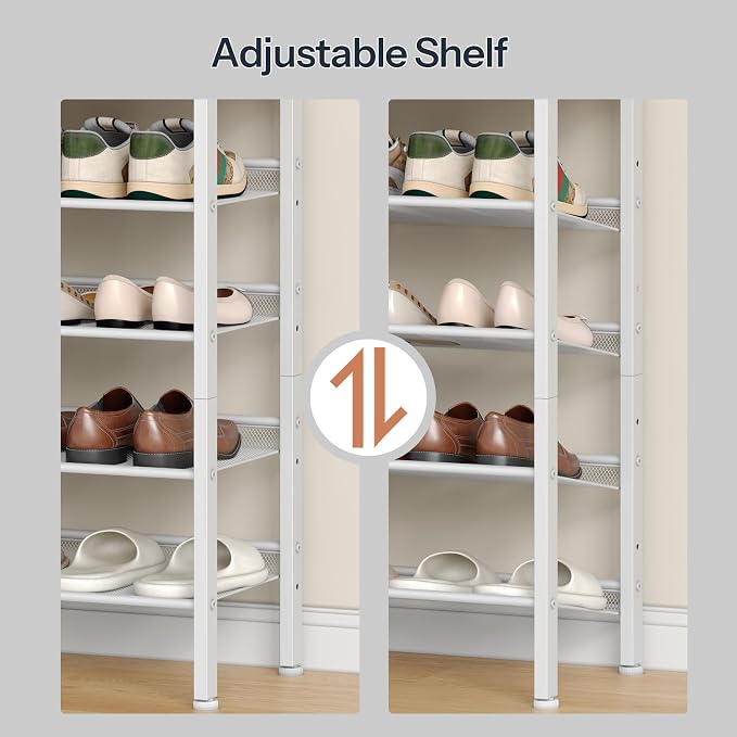 HOOBRO Shoe Rack for Entryway, 5-Tier Shoe Organizer with Adjustable Mesh Shelves, 12-16 Pairs of Shoes, Spacious Floor Mount, Metal, Industrial, Shoe Shelf for Closet, Natural and White WN12XJ01