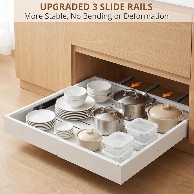 DOMNIU 2 Pack Pull Out Cabinet Organizers Expandable Width(12"-19") and Depth(17"-23"), Metal Slide Out Drawers, Upgrade 3 Slide Rails Sliding Drawer for Kitchen Cabinet Organizer, White