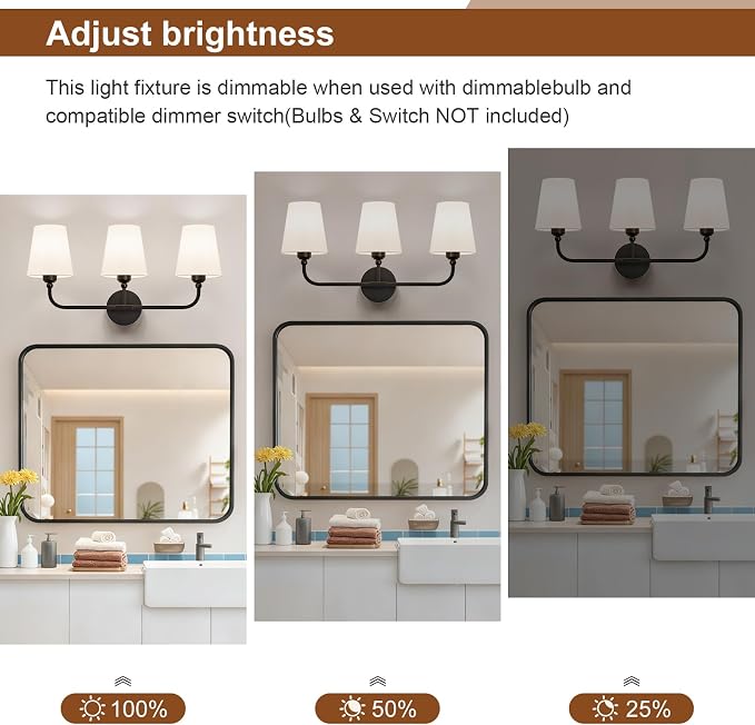 Bathroom Vanity Light, Matte Black Bathroom Light Fixtures, 3-Light Lighting Fixtures Over Mirror, Modern Wall Sconce with Flared White Fabric Shade, E26 Socket(ETL Listed)