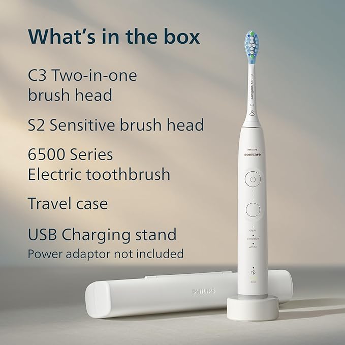 Philips Sonicare 6500 Series Electric Toothbrush - Next-Generation Sonicare Technology, Pressure Sensor, 9 Brushing Settings, SmarTimer, BrushPacer, 21-Day Runtime, Travel Case, White, HX7410/10