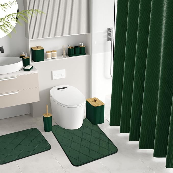 Bathroom Accessory Set - Bathroom Sets with Shower Curtain and Rugs, Green Bathroom Set, 27PC Bathroom Accessories Set, Mini Trash Can, Toilet Brush, Trash Can & Soap Dispenser
