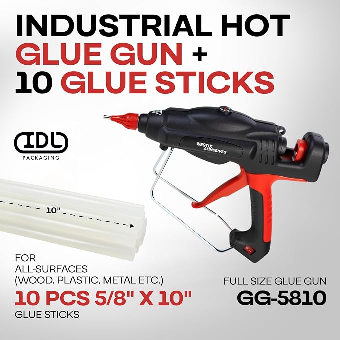 IDL Packaging GG-5810 Industrial 450W Hot Glue Gun with 10 pcs Glue Sticks - 5/8" x 10" Full-Size Glue Sticks - Hot Glue Gun Kit for All Surfaces, Wood, Metal, Plastic, Glass, Tile, Cardboard