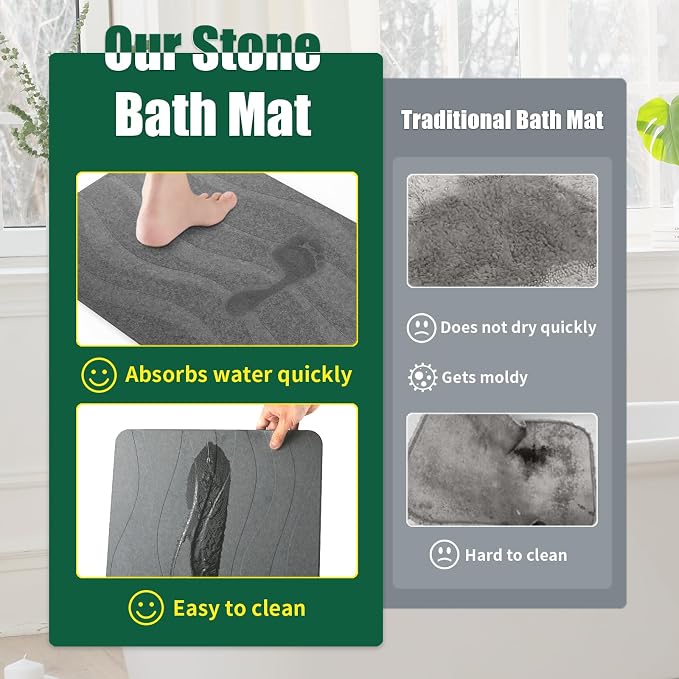 XMarrat Large Stone Bath Mat, 31.5'' x 19.7'' Super Absorbent Diatomaceous Earth Bath Mat Large, Quick Drying Non-Slip Diatomite Stone Bath Mats for Bathroom, Easy to Clean (Dark Gray)