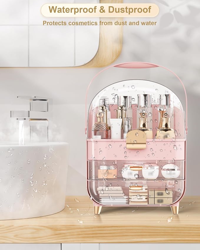 Makeup Organizer Countertop, Skincare Holder Bathroom Counter Organizer, Storage Box Cosmetic Display Cases, Teen Girl Gifts Make up Organizers (Pink/Brush)
