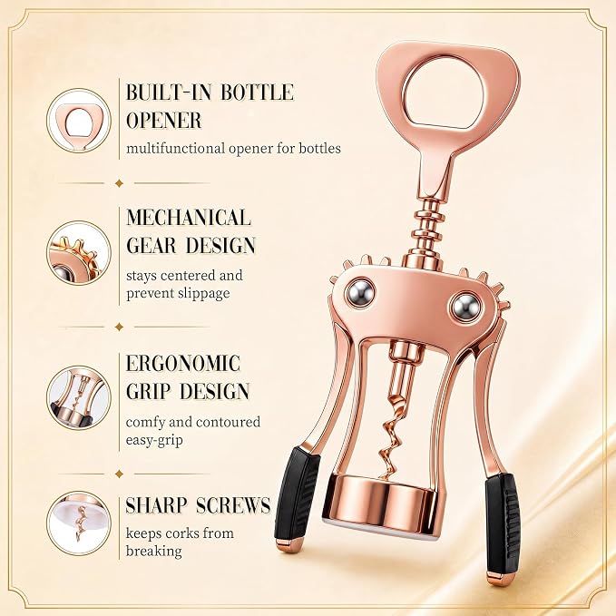 Hushee 5 Pcs Wing Corkscrew Opener, Zinc Alloy Heavy Duty Multifunctional Wine Bottle Opener for Restaurant, Bar, Waiters, Ideal for Wedding Shower Party Favors Gifts (Silicone,Rose Gold)